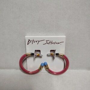 Betsey Johnson Book Smart Pink  Enamel Pencil Hoop Earrings NWT